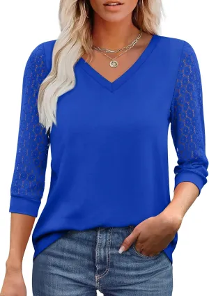 XIEERDUO 3/4 Length Sleeve Womens Tops V-Neck Lace Tunic Tops Business Casual Blouses 2025