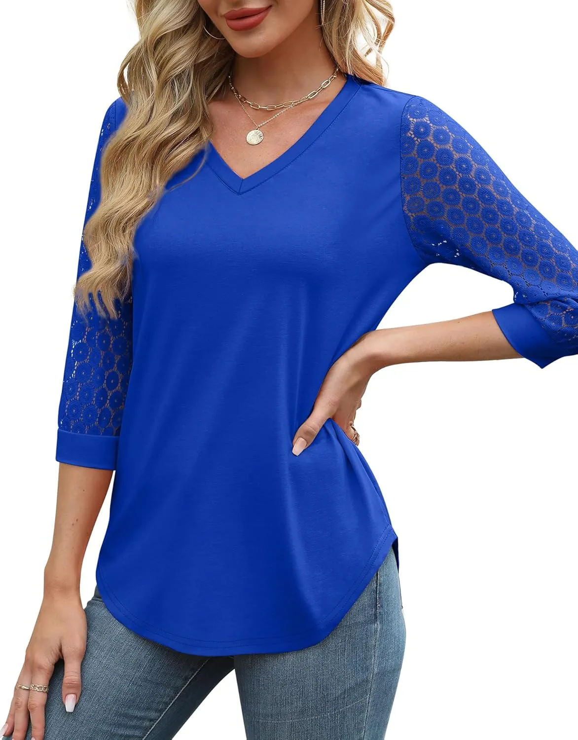 XIEERDUO 3/4 Length Sleeve Womens Tops V-Neck Lace Tunic Tops Business Casual Blouses 2025