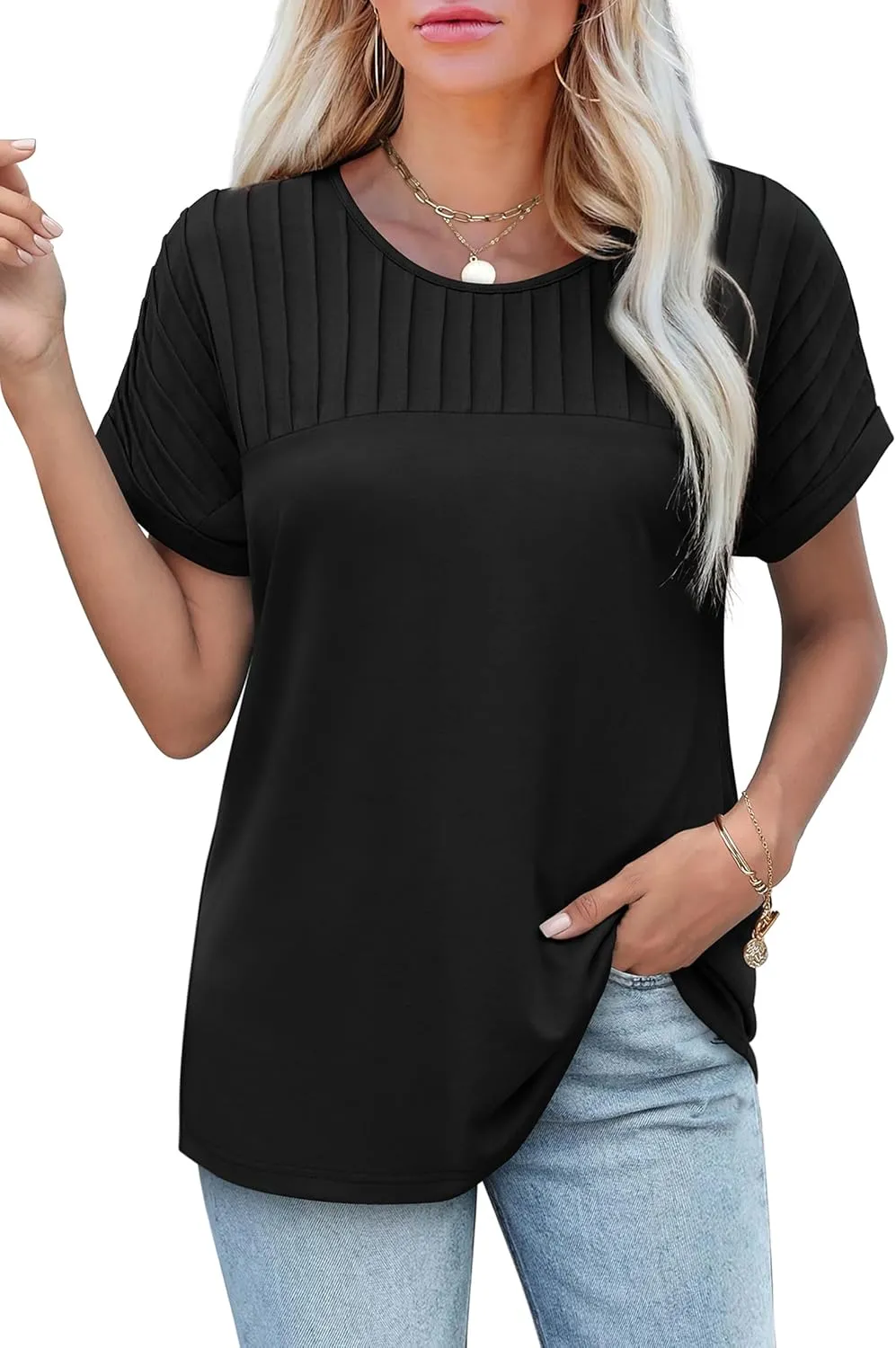 XIEERDUO Womens T Shirts Casual Summer Tops Pleated Crewneck Short Sleeve Blouses Trendy Beach Vacation Clothes