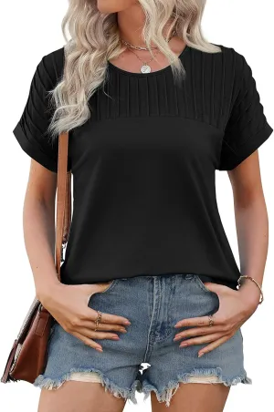 XIEERDUO Womens T Shirts Casual Summer Tops Pleated Crewneck Short Sleeve Blouses Trendy Beach Vacation Clothes