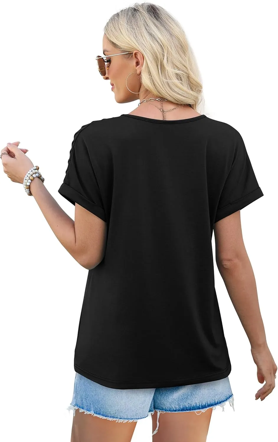 XIEERDUO Womens T Shirts Casual Summer Tops Pleated Crewneck Short Sleeve Blouses Trendy Beach Vacation Clothes