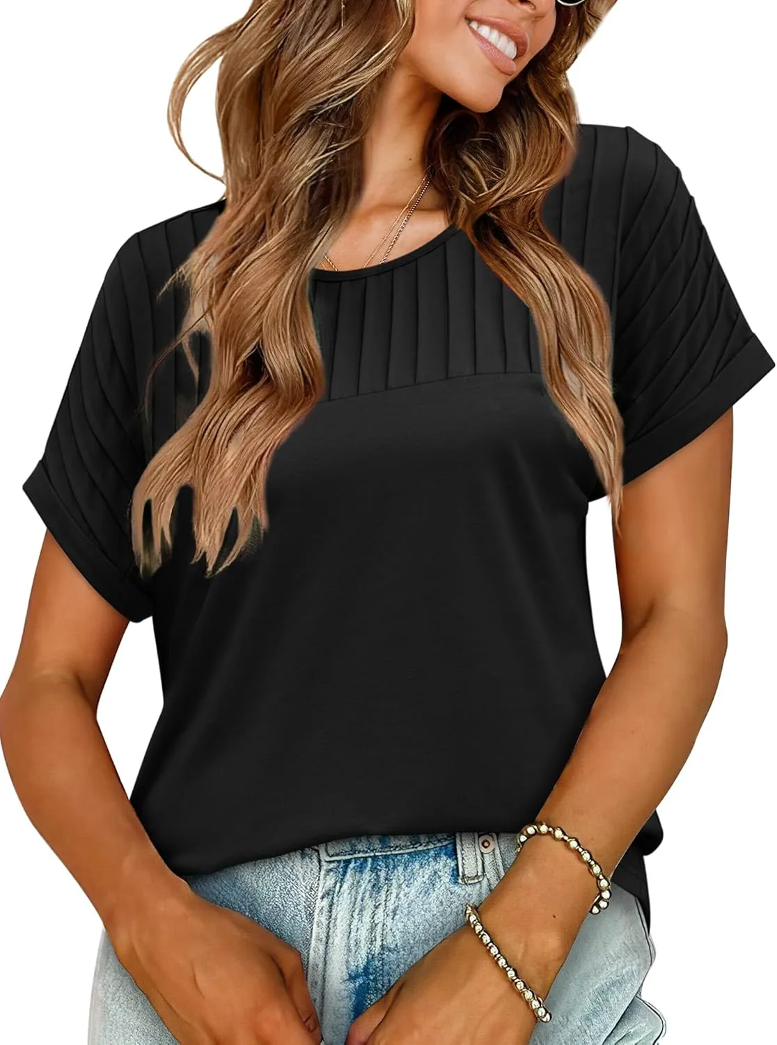 XIEERDUO Womens T Shirts Casual Summer Tops Pleated Crewneck Short Sleeve Blouses Trendy Beach Vacation Clothes