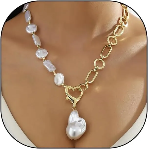 Y2k Big Pearl Chunky Necklace for Women Boho Irregular Baroque Pearl Y Pendant Necklaces Dainty Statement Jewelry