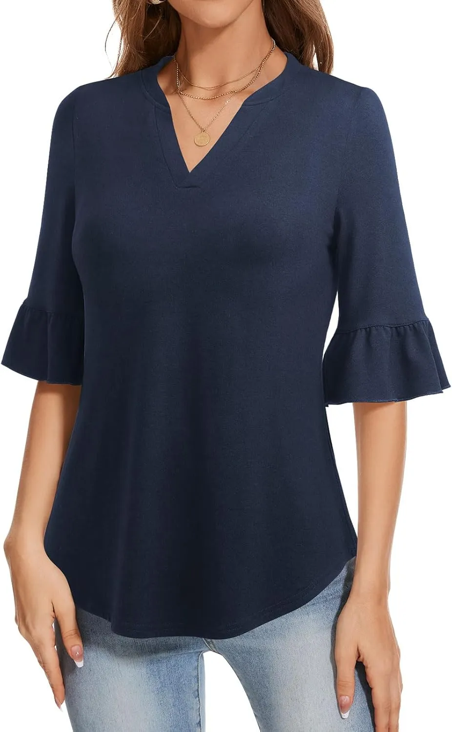 YATHON 3/4 Length Sleeve Womens Tops Dressy Casual Summer Shirts V Neck Bell Sleeve Floral Print Loose Ruffle Tunic Blouses