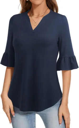 YATHON 3/4 Length Sleeve Womens Tops Dressy Casual Summer Shirts V Neck Bell Sleeve Floral Print Loose Ruffle Tunic Blouses