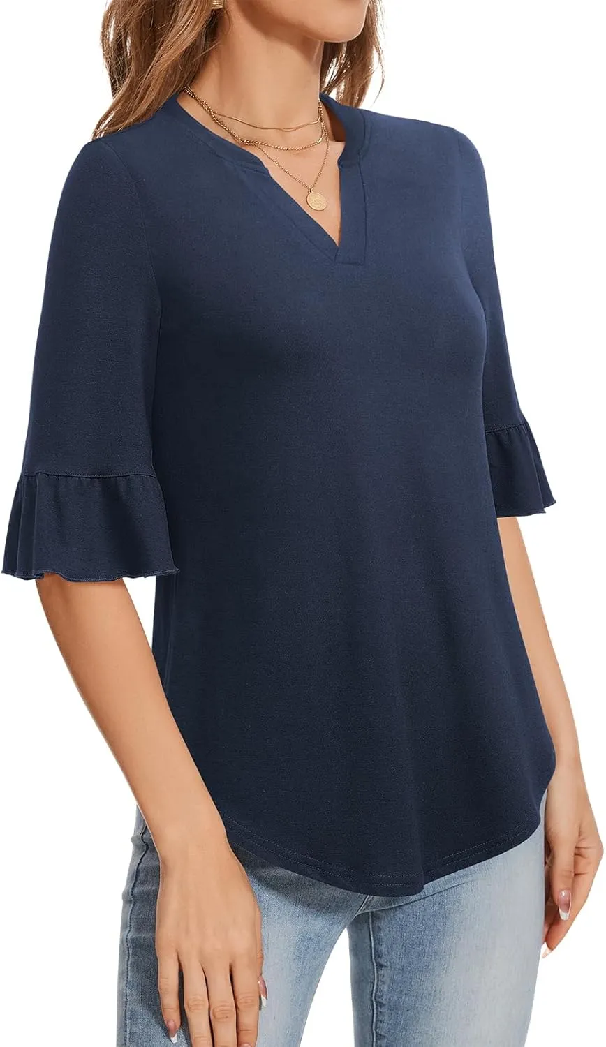 YATHON 3/4 Length Sleeve Womens Tops Dressy Casual Summer Shirts V Neck Bell Sleeve Floral Print Loose Ruffle Tunic Blouses
