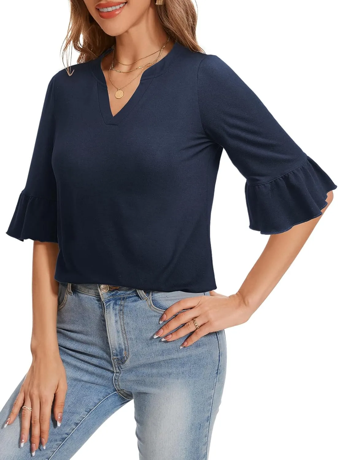 YATHON 3/4 Length Sleeve Womens Tops Dressy Casual Summer Shirts V Neck Bell Sleeve Floral Print Loose Ruffle Tunic Blouses