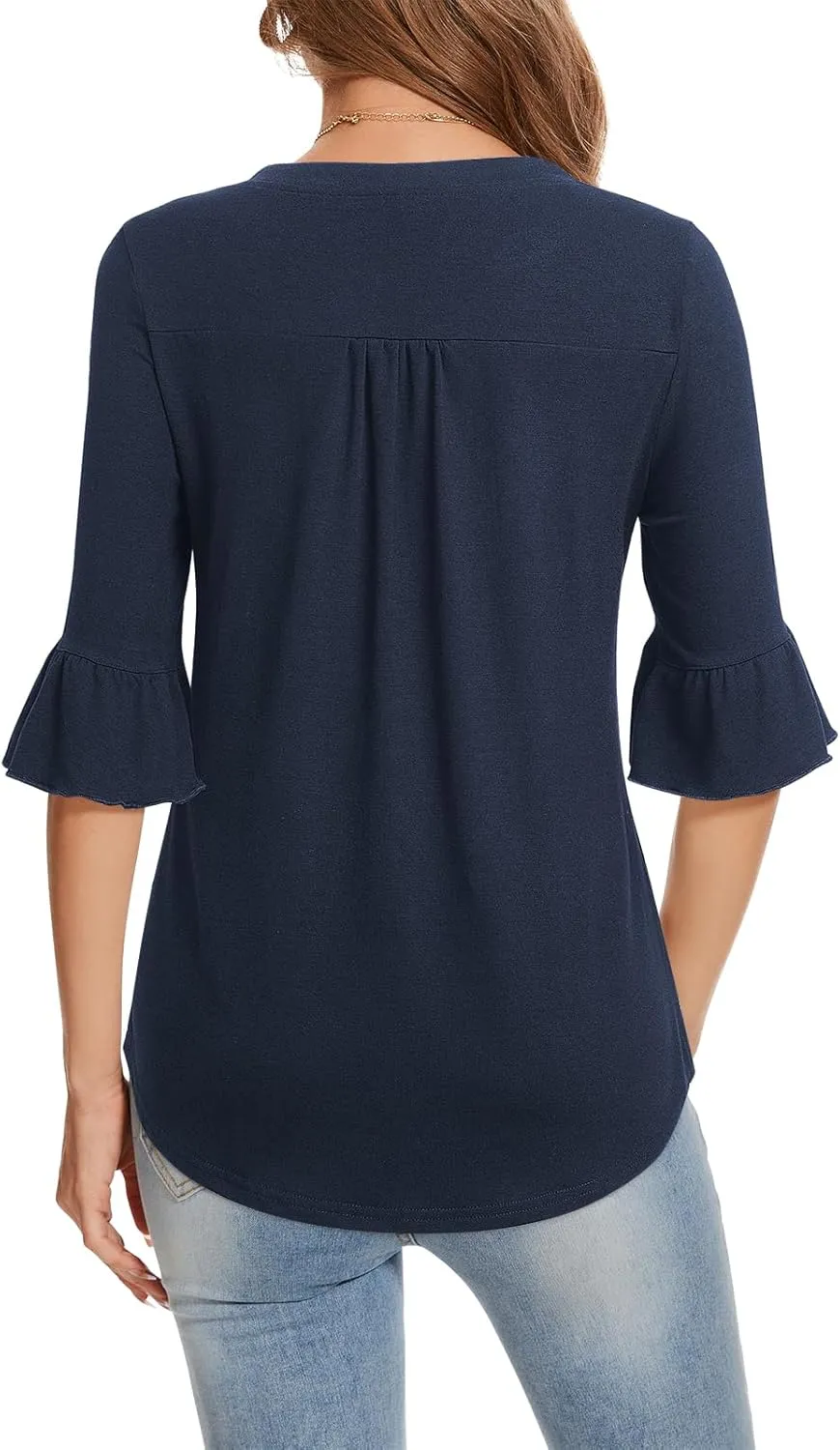 YATHON 3/4 Length Sleeve Womens Tops Dressy Casual Summer Shirts V Neck Bell Sleeve Floral Print Loose Ruffle Tunic Blouses