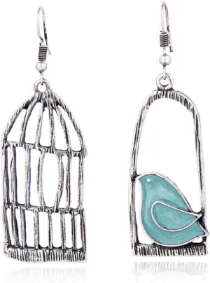 YINLIN Fashion Antique Lovely Asymmetric Birdcage Dangle Earring Enamel Bird In Cage Animal Jewelry