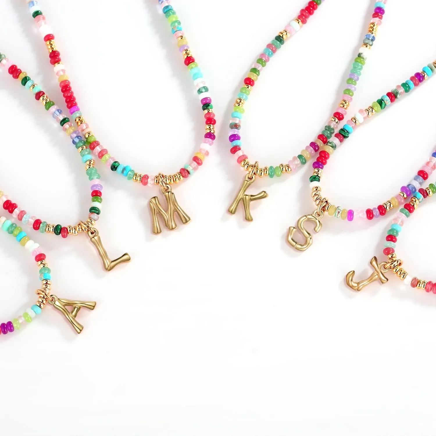 YOUFENG Initial Letter Necklaces for Women Colorful Beaded Gemstone Choker 14K Gold Bamboo Letter Pendant Necklace Natural Stone Handmade Jewelry Gift