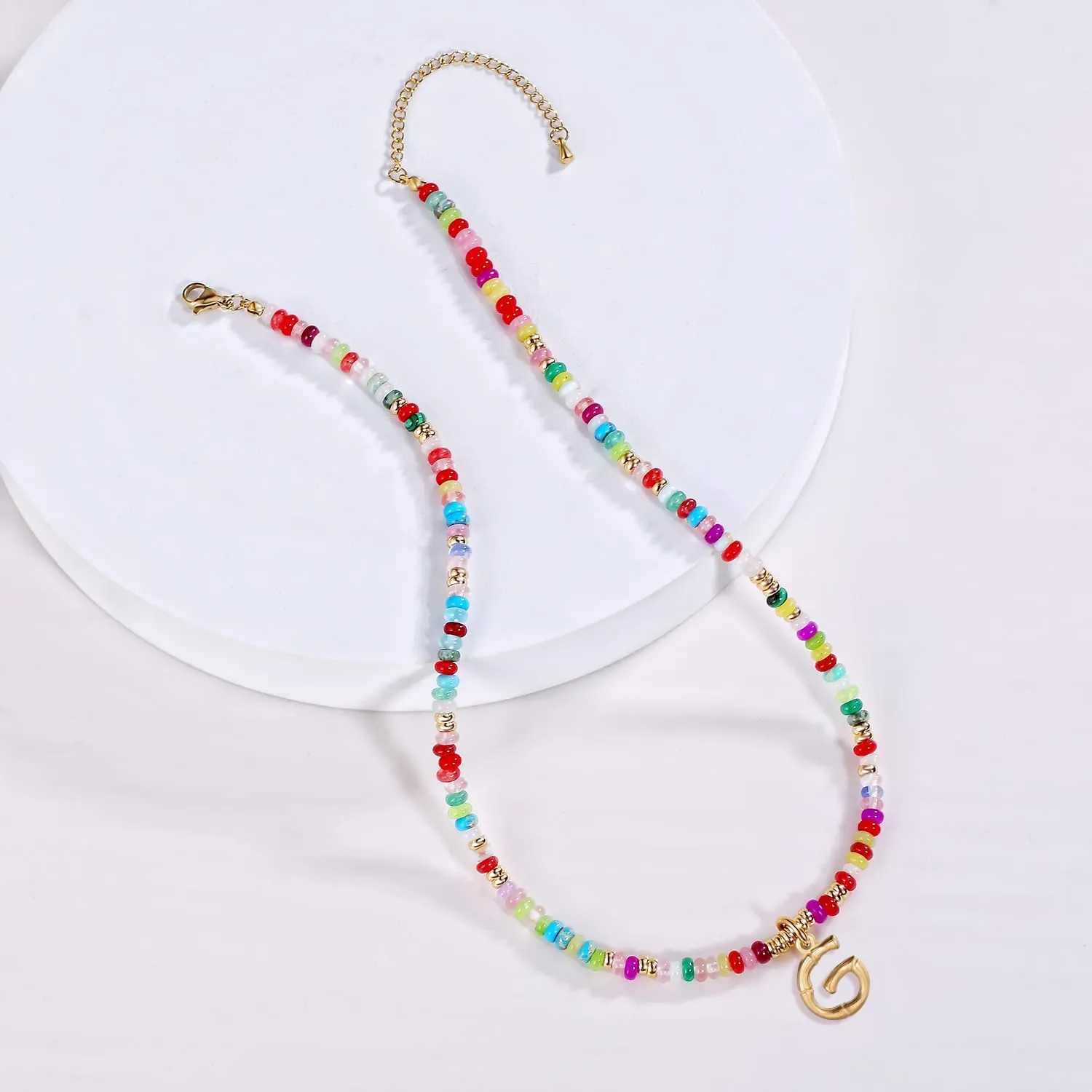 YOUFENG Initial Letter Necklaces for Women Colorful Beaded Gemstone Choker 14K Gold Bamboo Letter Pendant Necklace Natural Stone Handmade Jewelry Gift