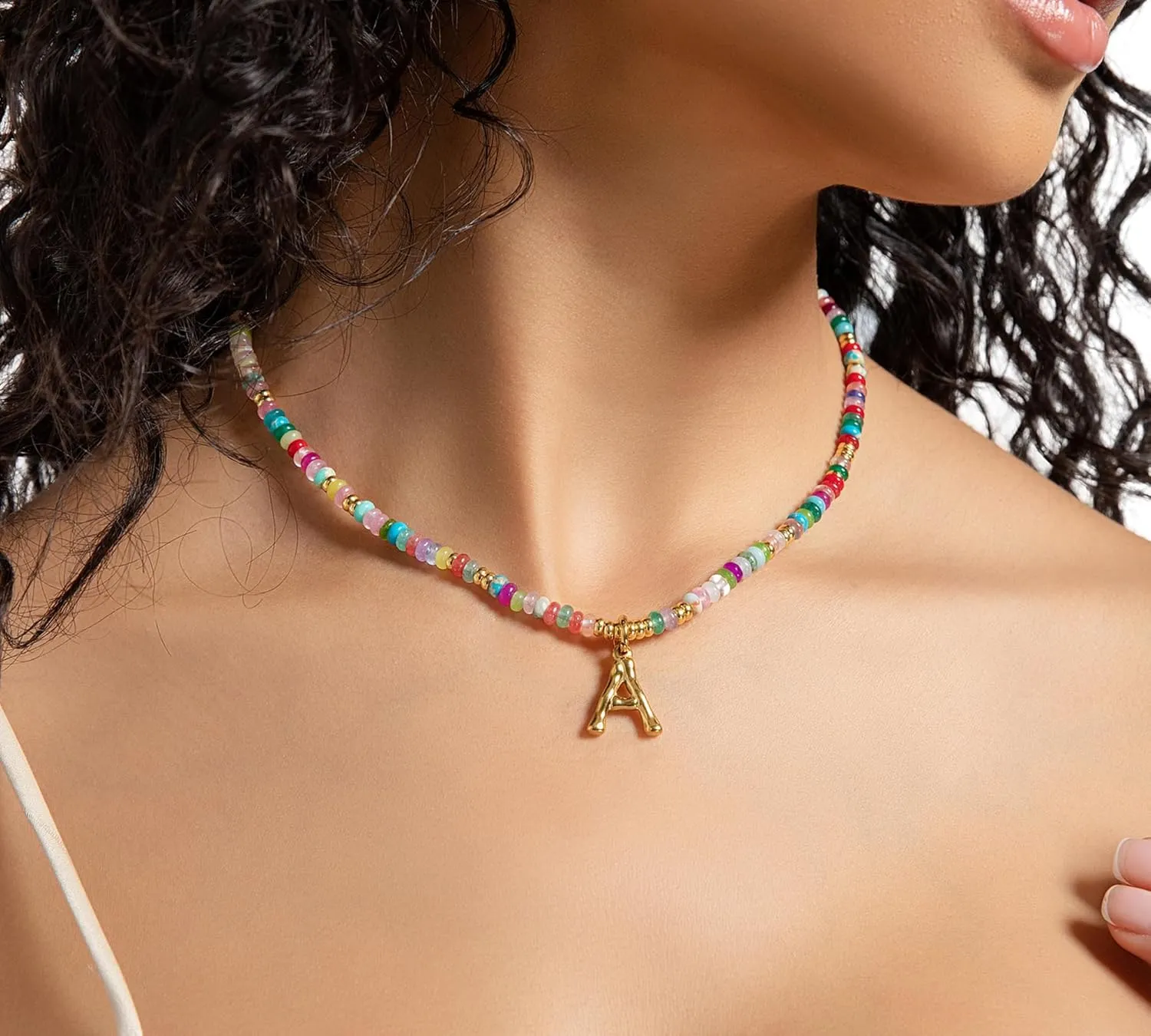 YOUFENG Initial Letter Necklaces for Women Colorful Beaded Gemstone Choker 14K Gold Bamboo Letter Pendant Necklace Natural Stone Handmade Jewelry Gift