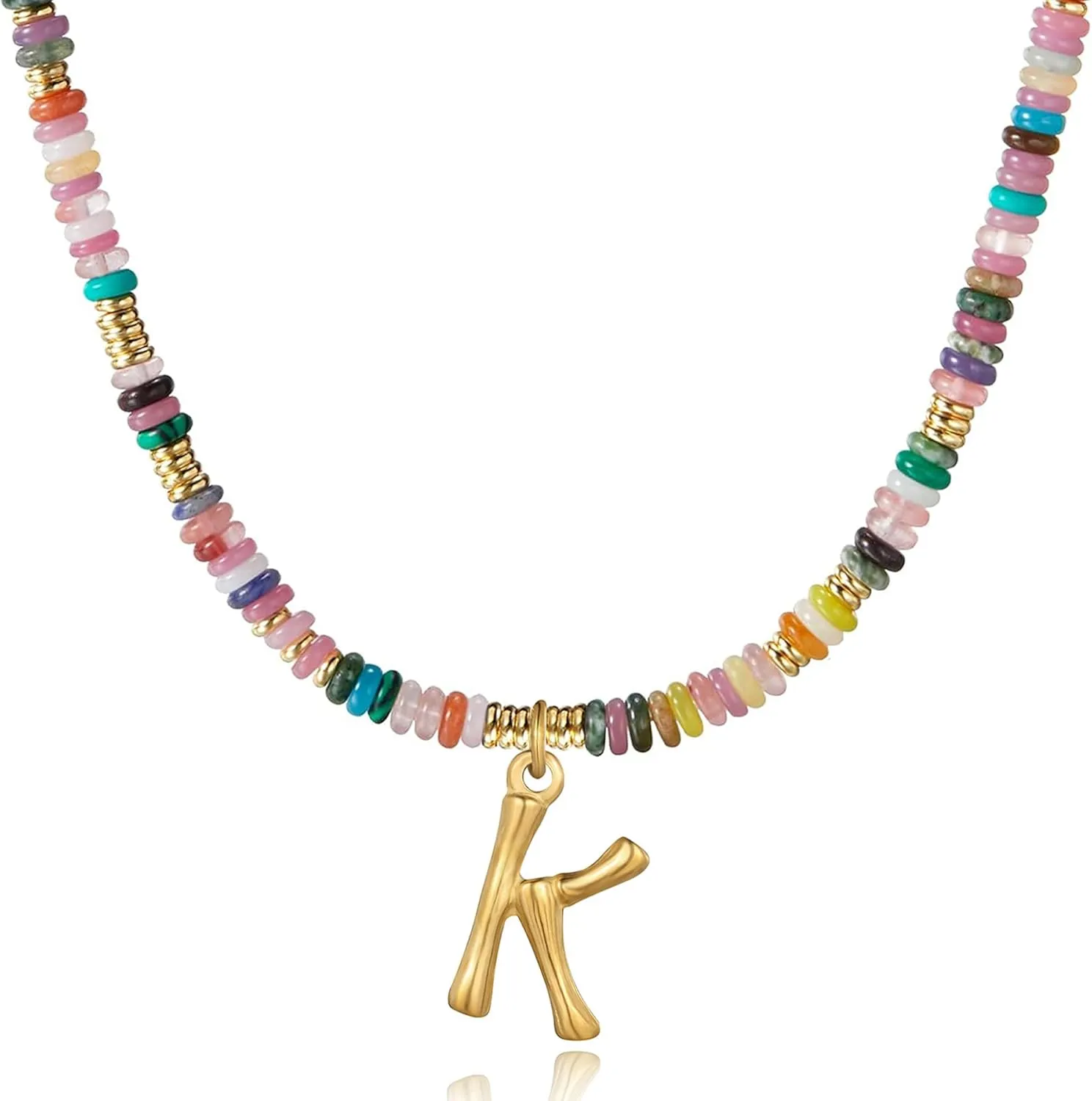 YOUFENG Initial Letter Necklaces for Women Colorful Beaded Gemstone Choker 14K Gold Bamboo Letter Pendant Necklace Natural Stone Handmade Jewelry Gift