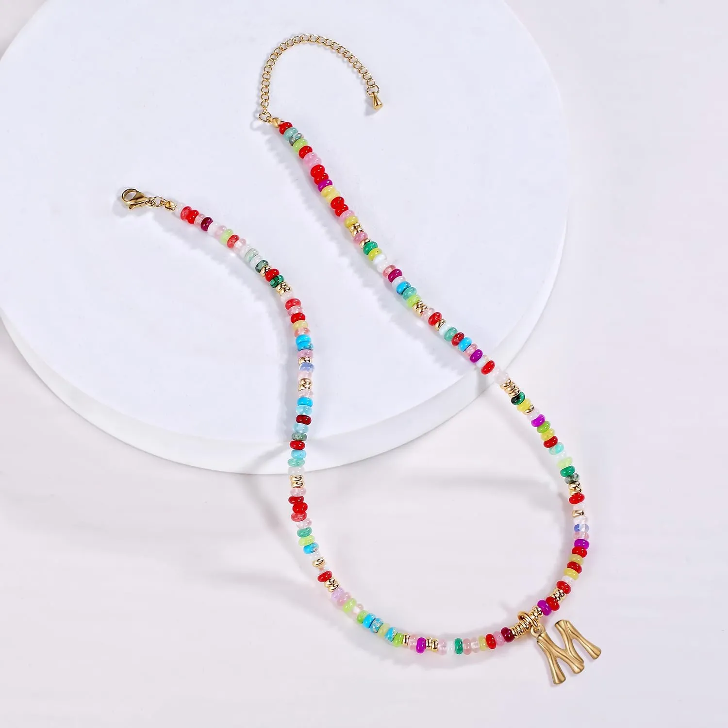 YOUFENG Initial Letter Necklaces for Women Colorful Beaded Gemstone Choker 14K Gold Bamboo Letter Pendant Necklace Natural Stone Handmade Jewelry Gift