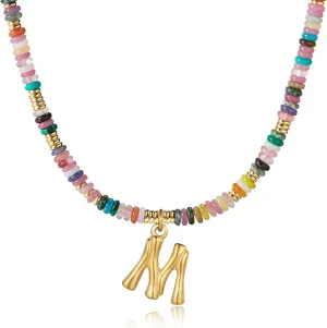 YOUFENG Initial Letter Necklaces for Women Colorful Beaded Gemstone Choker 14K Gold Bamboo Letter Pendant Necklace Natural Stone Handmade Jewelry Gift