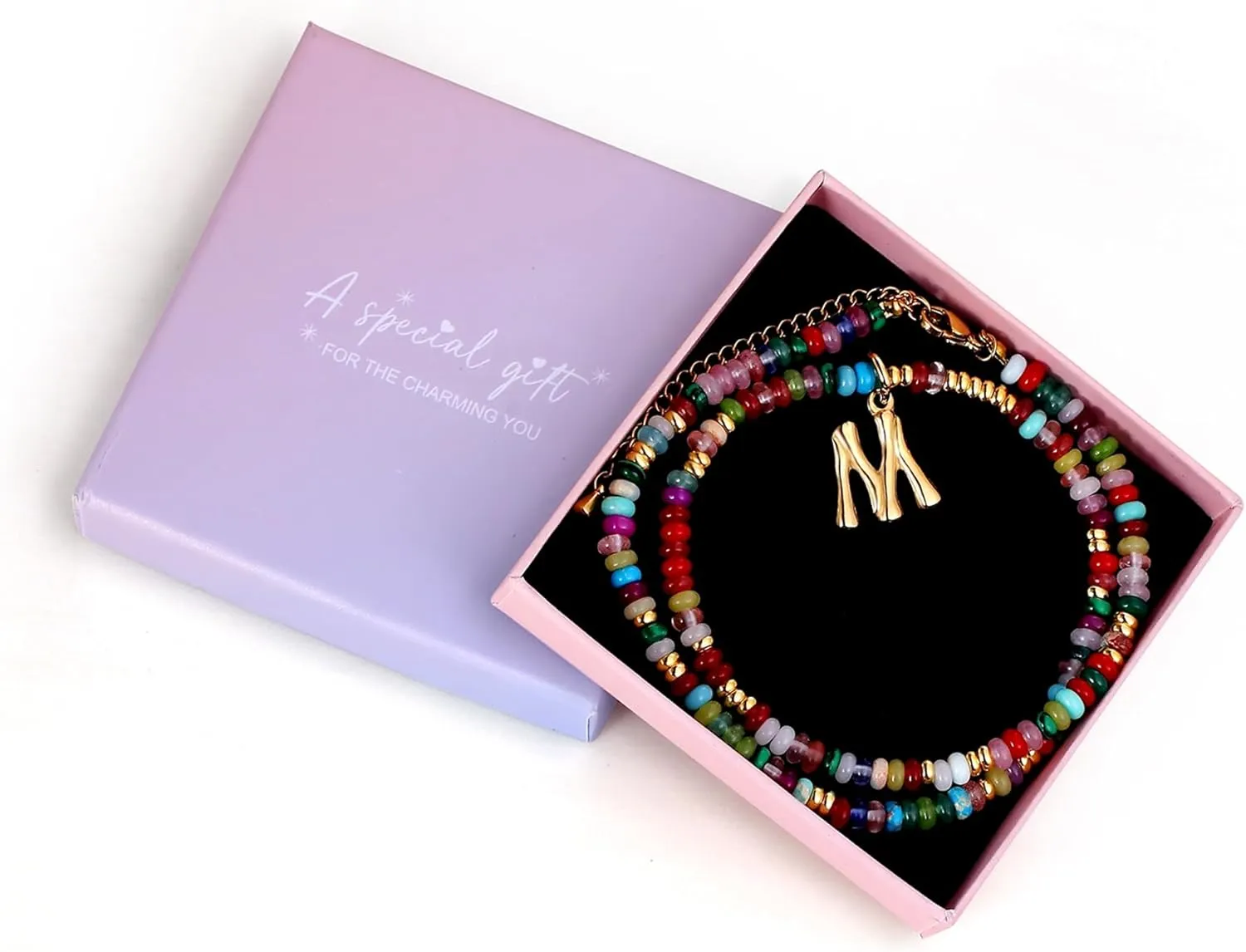 YOUFENG Initial Letter Necklaces for Women Colorful Beaded Gemstone Choker 14K Gold Bamboo Letter Pendant Necklace Natural Stone Handmade Jewelry Gift