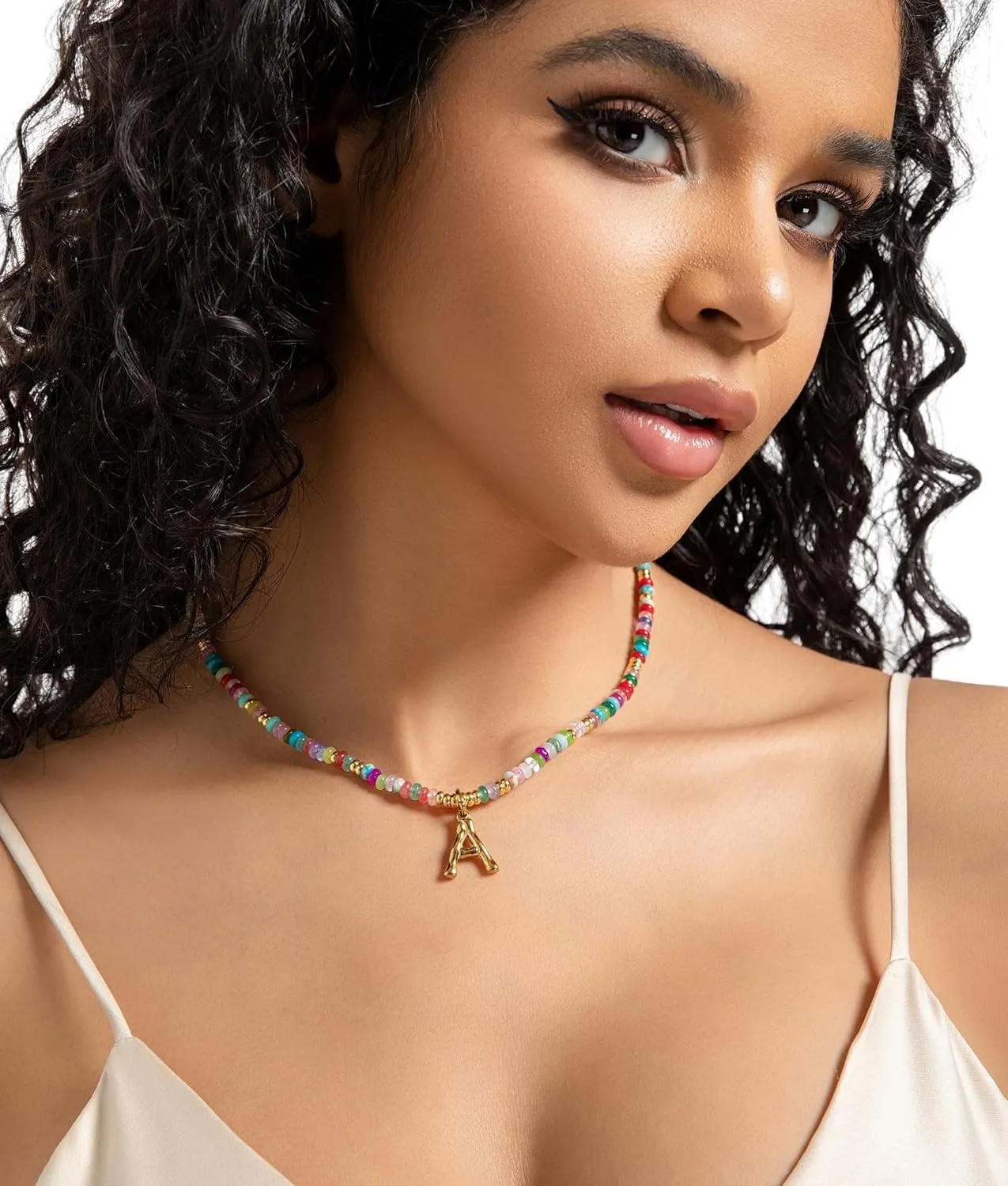 YOUFENG Initial Letter Necklaces for Women Colorful Beaded Gemstone Choker 14K Gold Bamboo Letter Pendant Necklace Natural Stone Handmade Jewelry Gift