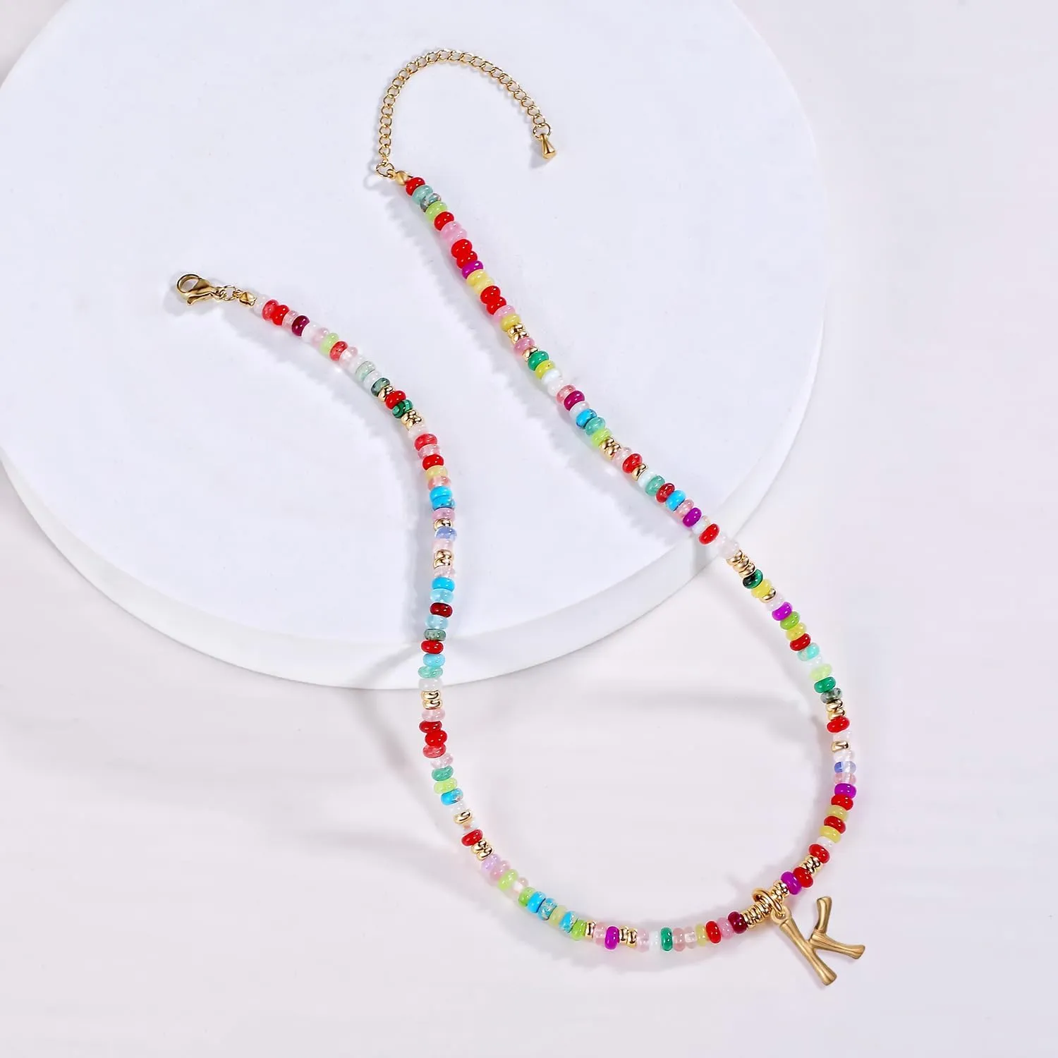 YOUFENG Initial Letter Necklaces for Women Colorful Beaded Gemstone Choker 14K Gold Bamboo Letter Pendant Necklace Natural Stone Handmade Jewelry Gift