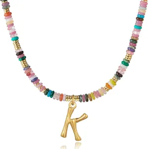 YOUFENG Initial Letter Necklaces for Women Colorful Beaded Gemstone Choker 14K Gold Bamboo Letter Pendant Necklace Natural Stone Handmade Jewelry Gift