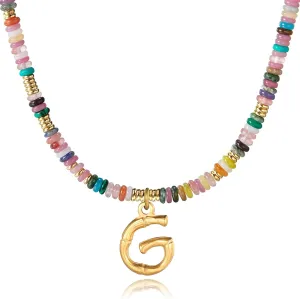 YOUFENG Initial Letter Necklaces for Women Colorful Beaded Gemstone Choker 14K Gold Bamboo Letter Pendant Necklace Natural Stone Handmade Jewelry Gift