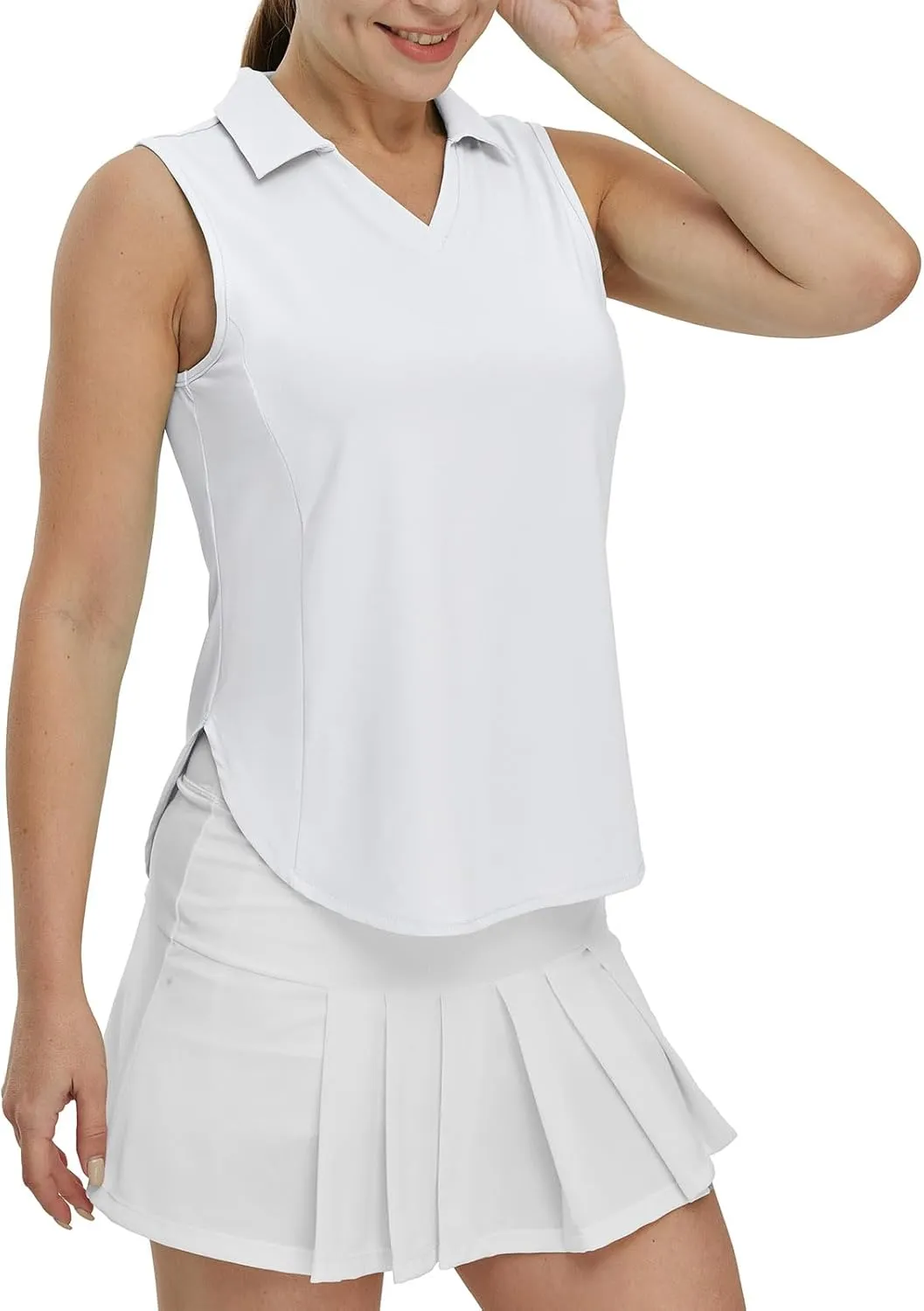 YSENTO Women's V-Neck Collared Golf Tennis Shirts Sleeveless UPF 50  Quick Dry Polo Shirts Tops Split Hem