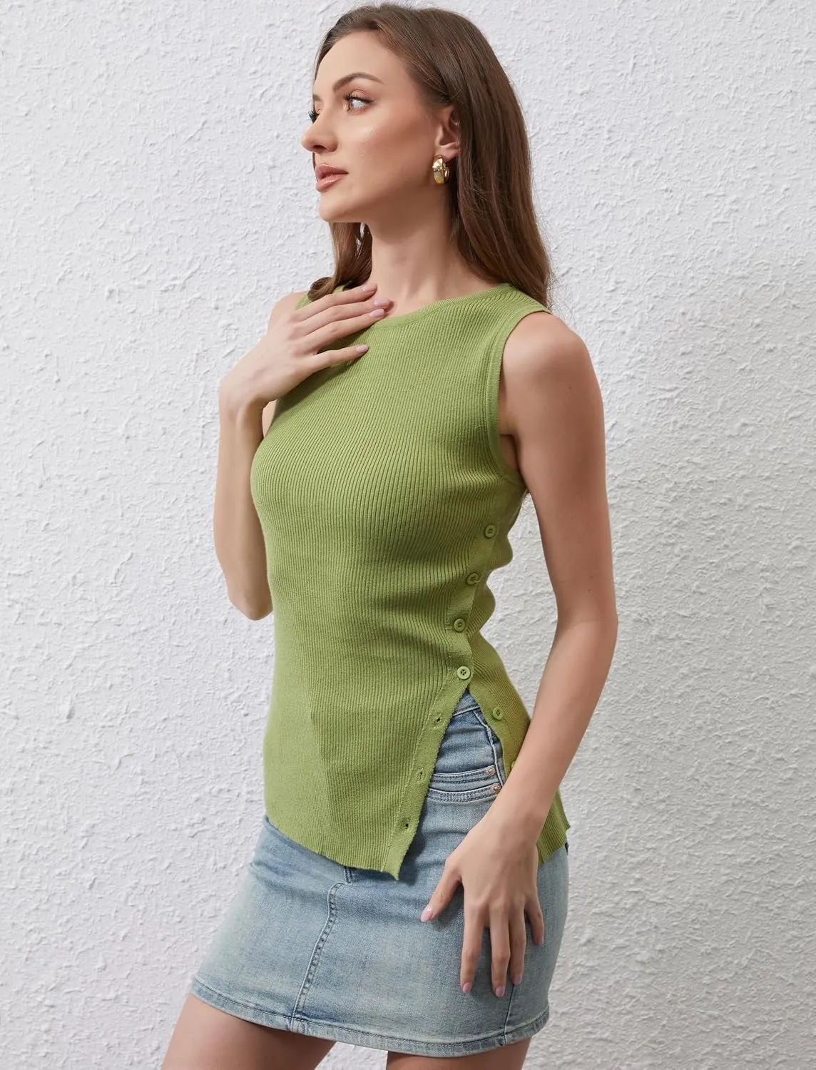 Ythomm Womens Asymmetrical Side-Button Slit Tank Tops Sleeveless Boat Neck Ribbed Knit Sweater Vest Solid Slim Going Out Tops