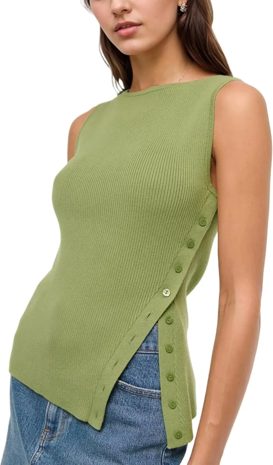 Ythomm Womens Asymmetrical Side-Button Slit Tank Tops Sleeveless Boat Neck Ribbed Knit Sweater Vest Solid Slim Going Out Tops