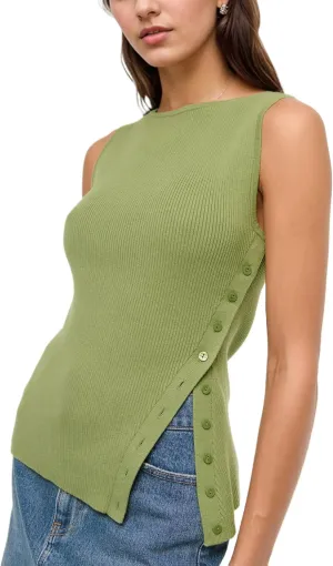 Ythomm Womens Asymmetrical Side-Button Slit Tank Tops Sleeveless Boat Neck Ribbed Knit Sweater Vest Solid Slim Going Out Tops