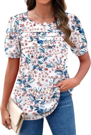 Zeagoo Womens Short Sleeve Tops Floral Boho Shirts Pleated Crewneck Summer Outfit Puff Sleeve Blouses Casual Tunic