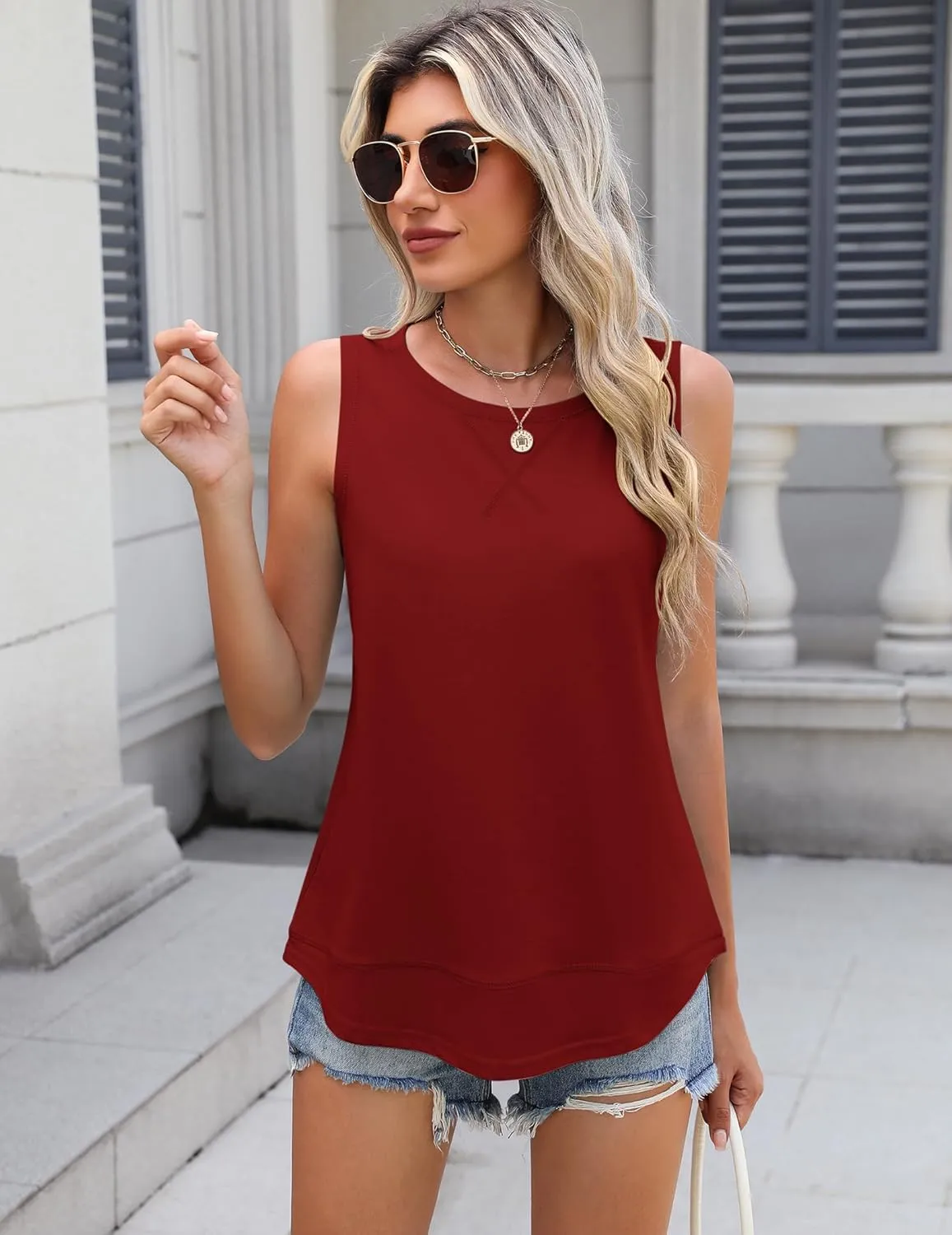 Zeagoo Women's Tank Tops Crew Neck Sleeveless Tops Floral Solid Summer Shirts Casual Loose Flowy Tunic Blouses