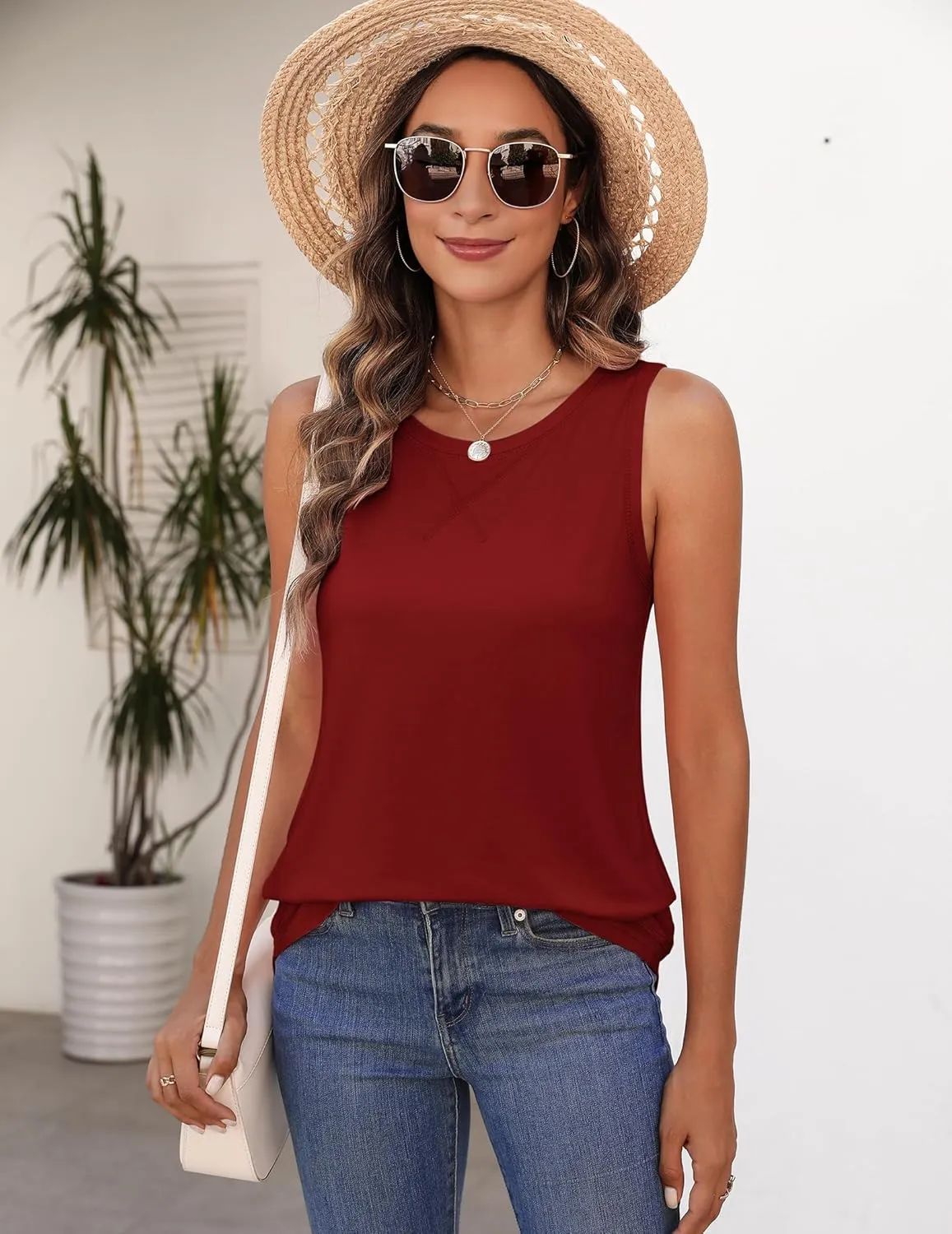 Zeagoo Women's Tank Tops Crew Neck Sleeveless Tops Floral Solid Summer Shirts Casual Loose Flowy Tunic Blouses