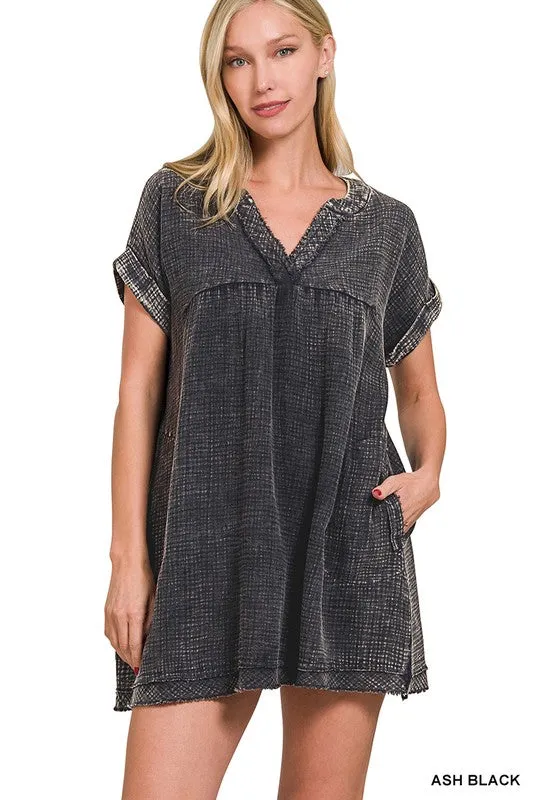 Zenana Cotton Double Gauze Washed Womens Dress S-XL Ash Black
