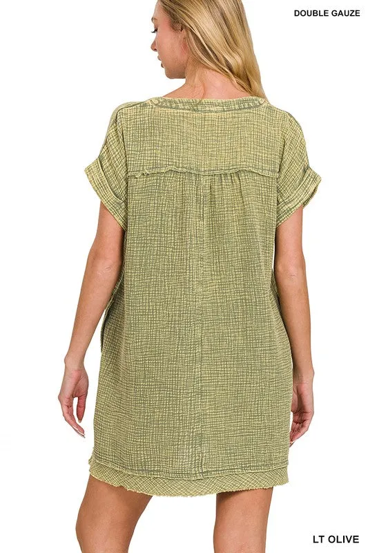 Zenana Cotton Double Gauze Washed Womens Dress S-XL Ash Black