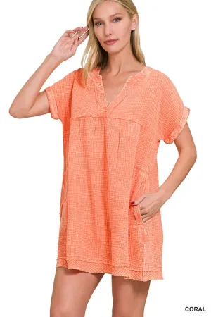 Zenana Cotton Double Gauze Washed Womens Dress S-XL Coral