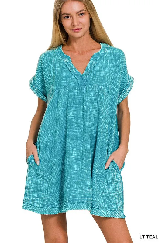 Zenana Cotton Double Gauze Washed Womens Dress S-XL Coral