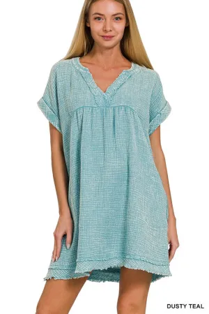 Zenana Cotton Double Gauze Washed Womens Dress S-XL Dusty Teal