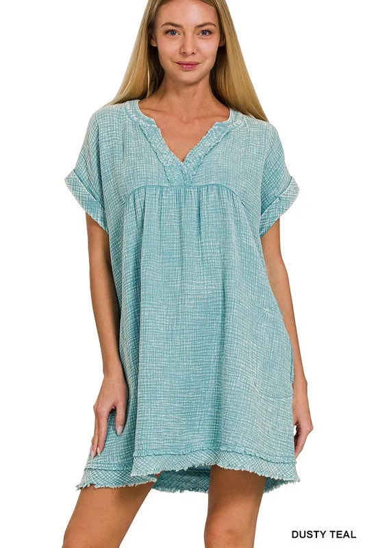 Zenana Cotton Double Gauze Washed Womens Dress S-XL Dusty Teal