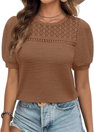 ZESICA Womens 2025 Summer Waffle Knit Hollow Out T Shirts Crewneck Puff Short Sleeve Tops Casual Loose Tunic Blouses