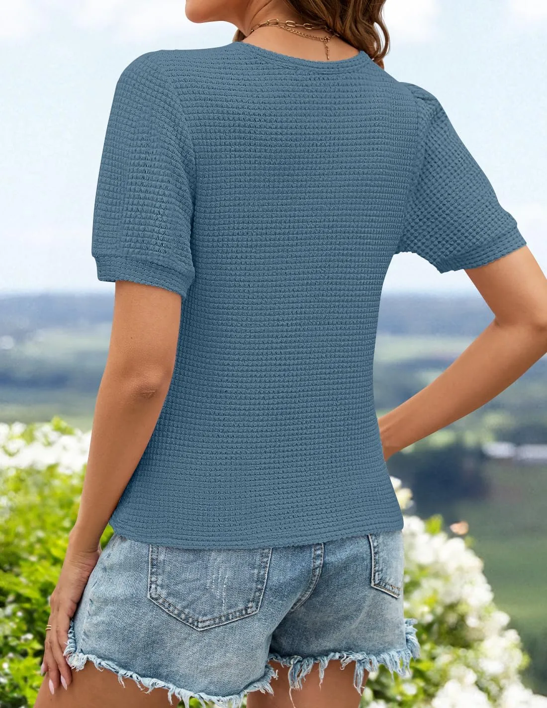 ZESICA Womens 2025 Summer Waffle Knit Hollow Out T Shirts Crewneck Puff Short Sleeve Tops Casual Loose Tunic Blouses