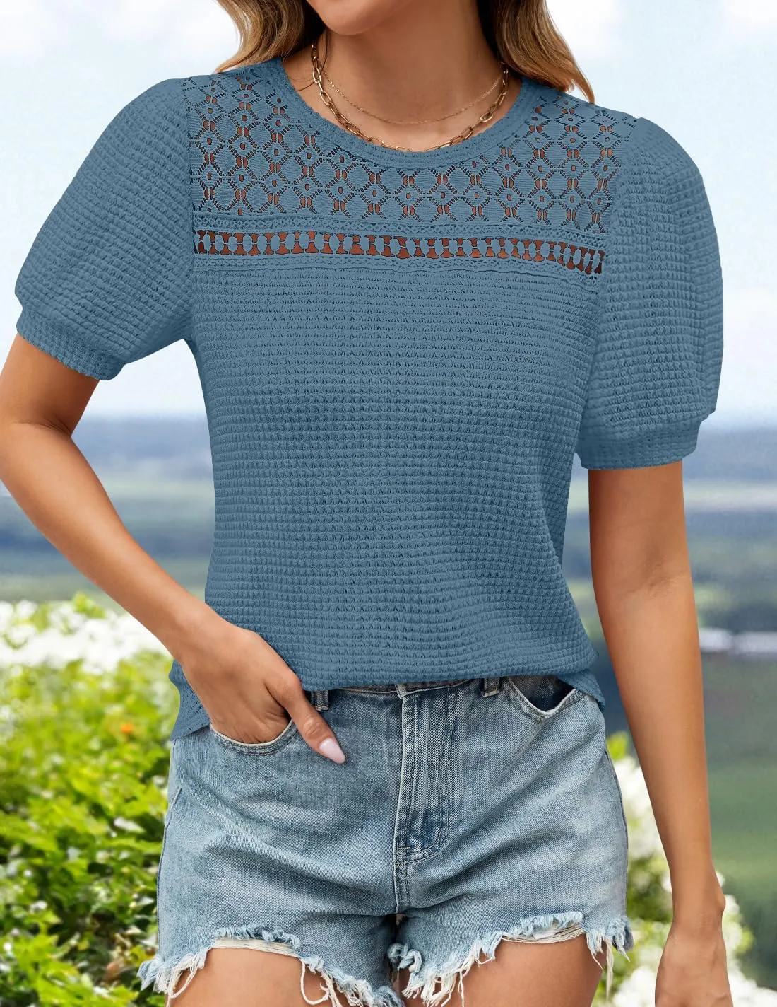 ZESICA Womens 2025 Summer Waffle Knit Hollow Out T Shirts Crewneck Puff Short Sleeve Tops Casual Loose Tunic Blouses