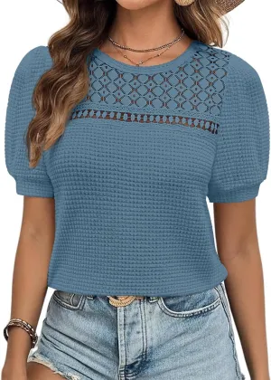 ZESICA Womens 2025 Summer Waffle Knit Hollow Out T Shirts Crewneck Puff Short Sleeve Tops Casual Loose Tunic Blouses