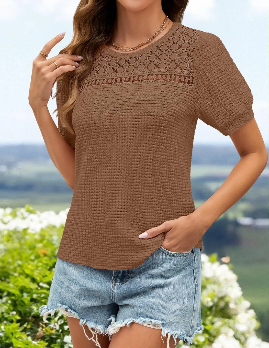 ZESICA Womens 2025 Summer Waffle Knit Hollow Out T Shirts Crewneck Puff Short Sleeve Tops Casual Loose Tunic Blouses