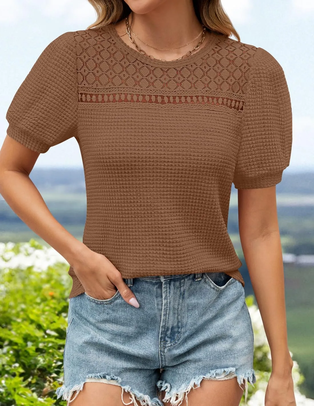 ZESICA Womens 2025 Summer Waffle Knit Hollow Out T Shirts Crewneck Puff Short Sleeve Tops Casual Loose Tunic Blouses