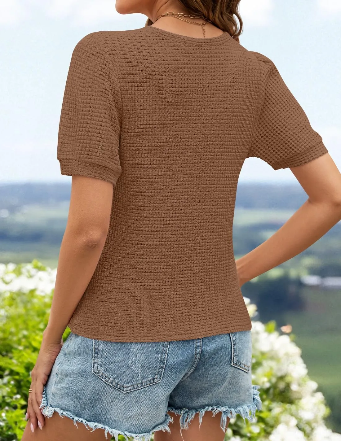 ZESICA Womens 2025 Summer Waffle Knit Hollow Out T Shirts Crewneck Puff Short Sleeve Tops Casual Loose Tunic Blouses