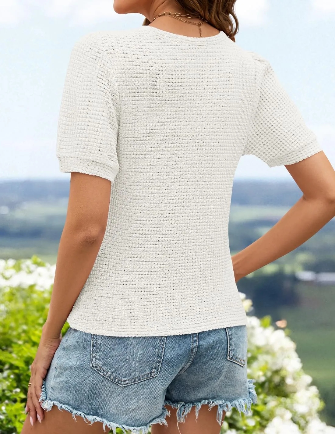 ZESICA Womens 2025 Summer Waffle Knit Hollow Out T Shirts Crewneck Puff Short Sleeve Tops Casual Loose Tunic Blouses