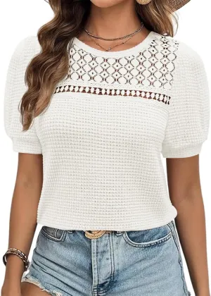 ZESICA Womens 2025 Summer Waffle Knit Hollow Out T Shirts Crewneck Puff Short Sleeve Tops Casual Loose Tunic Blouses